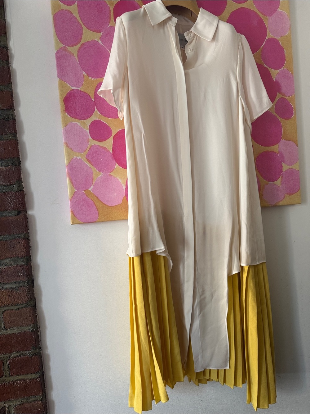 💛 NEW William Okpo Cream and Yellow Pleated Shirt Dress